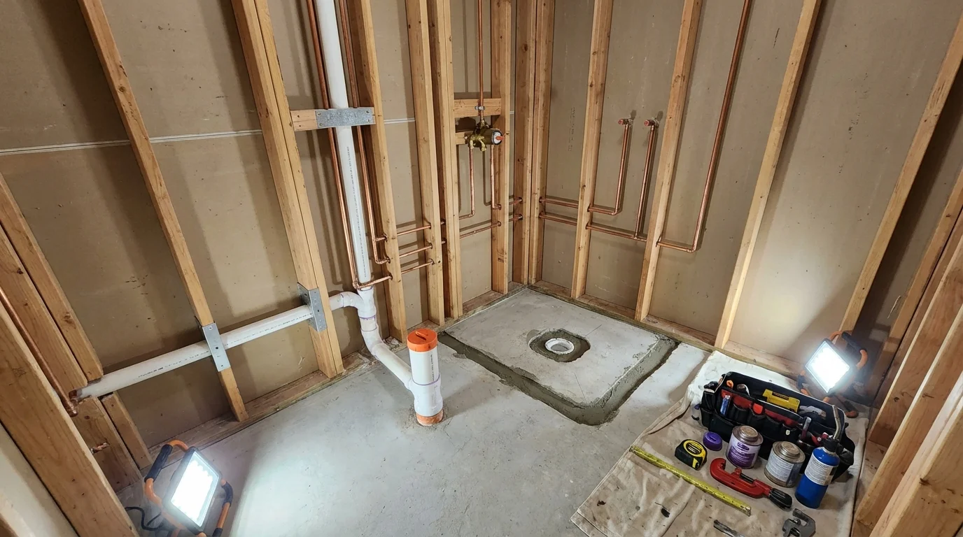 Bathroom rough-in plumbing during remodel by Johns Plumbing LLC in Cuyahoga Falls