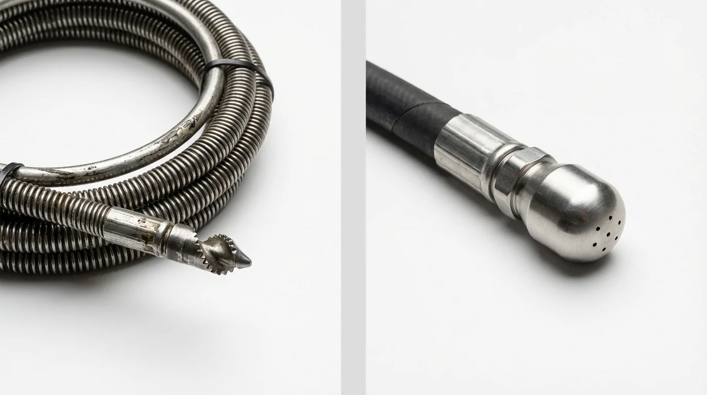 Drain snake cable and hydro jetting nozzle used for drain cleaning in Cuyahoga Falls, OH