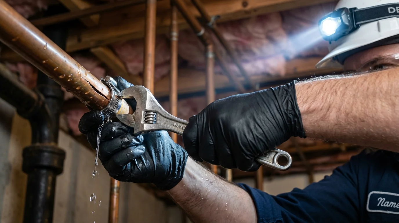 Emergency pipe clamp repair being performed by a Johns Plumbing LLC plumber in Cuyahoga Falls