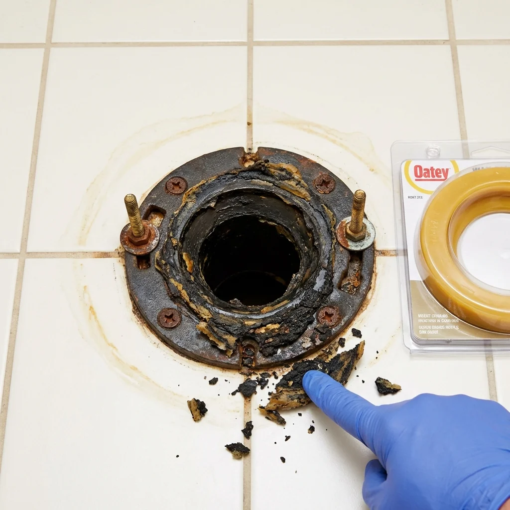 Failed wax ring showing water seepage at the base of a toilet in a Cuyahoga Falls, OH home