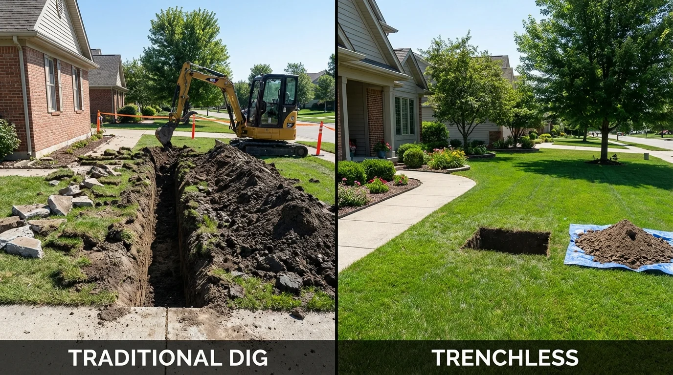 Trenchless sewer repair with minimal yard damage versus traditional excavation in Cuyahoga Falls, OH