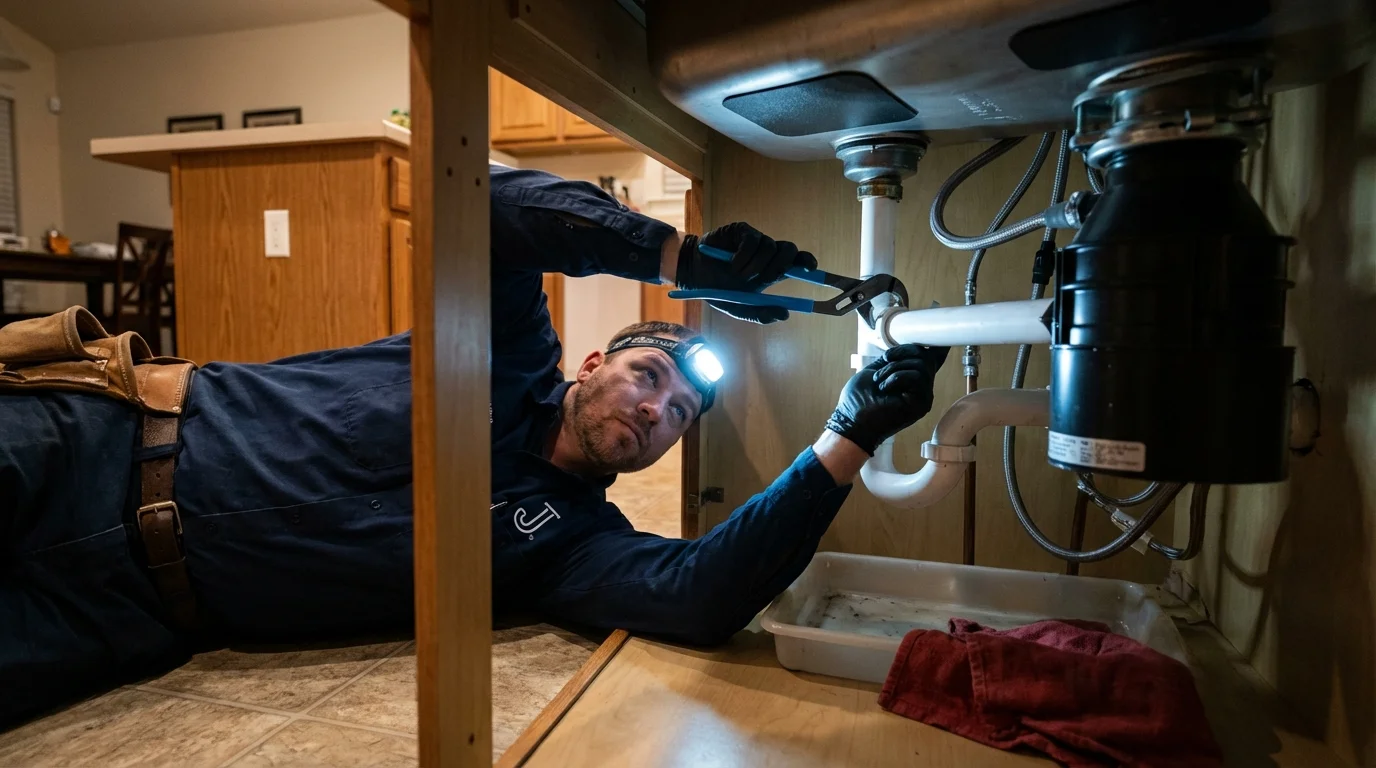 P-trap and supply line connections under a kitchen sink showing a common leak point in Cuyahoga Falls, OH